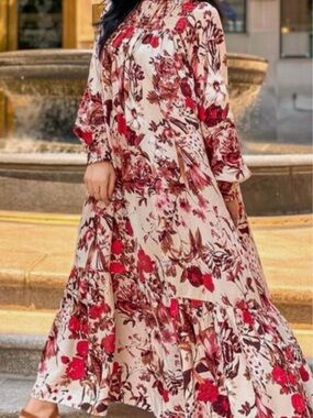 H&M Cream Oversized Maxi Dress with Red Floral Print